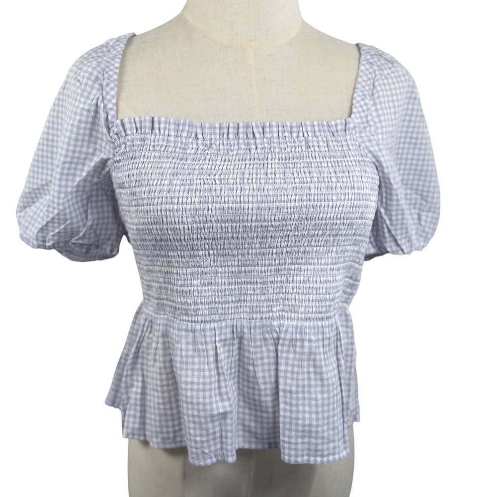 JCrew M Voile Smocked Gingham Peplum Top Square Neck Puff Sleeve Cottagecore NWT